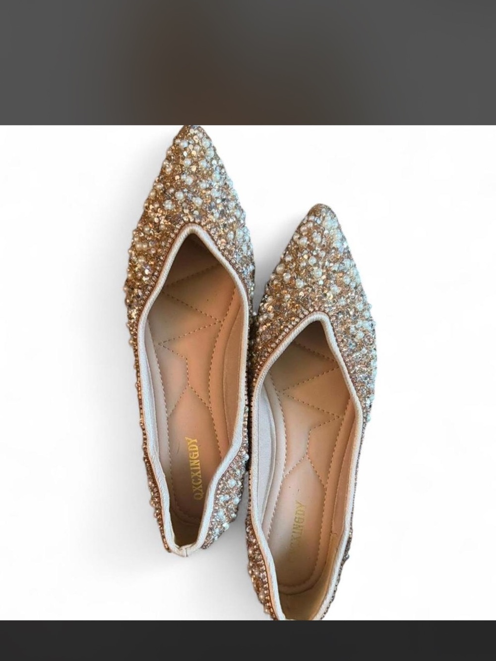 Embellished Pearl Pointed Toe Flats - Gold